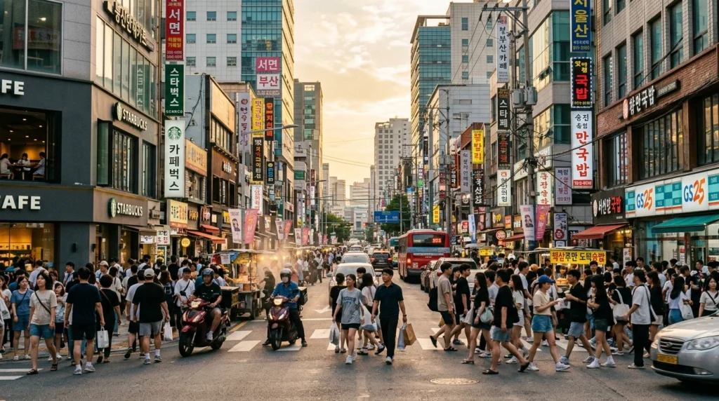 Busy Seomyeon district with heat waves, modern cafes, traditional eateries and crowded urban streets

