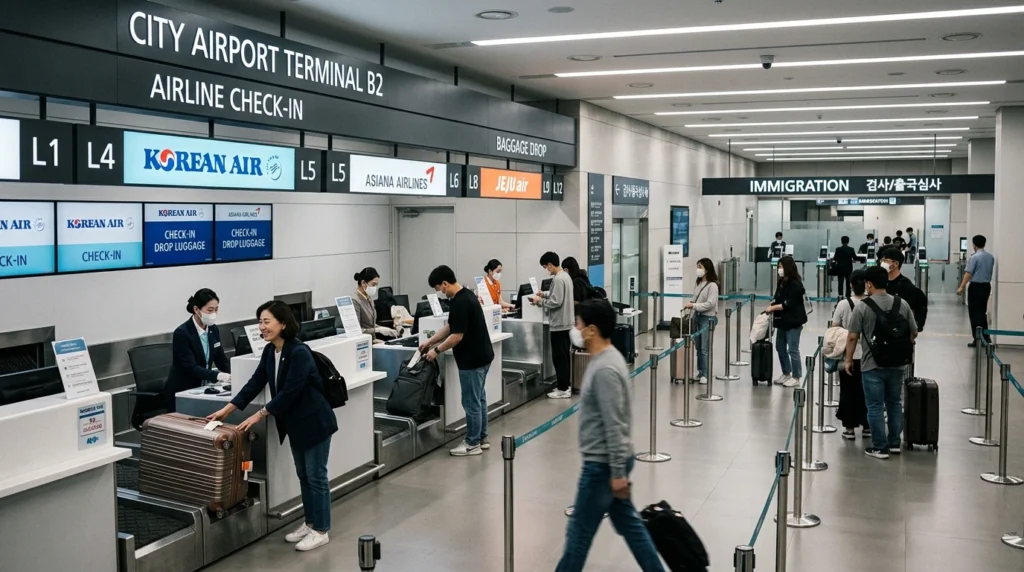 B2 terminal with airline check-in counters, luggage drop-off and immigration services at Seoul Station 