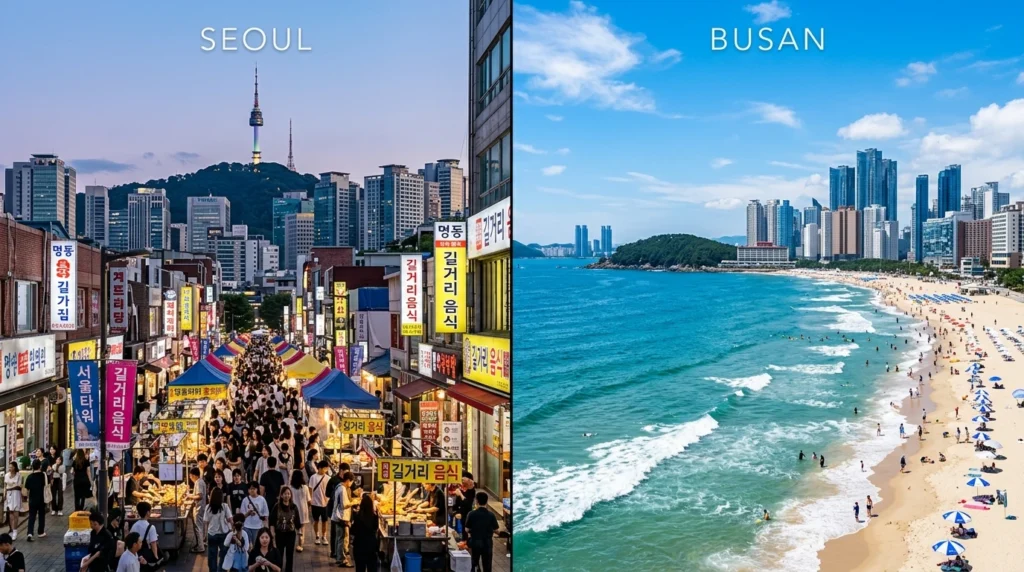 Split screen comparison showing Seoul's Myeongdong district with N Seoul Tower on the left and Busan's Haeundae Beach with coastal cityscape on the right

