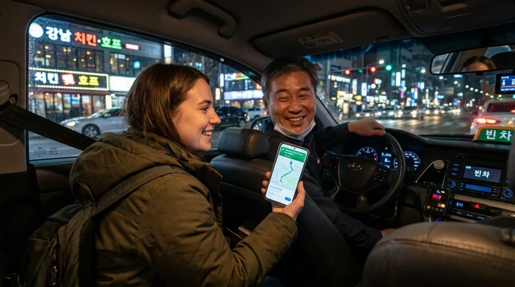 Traveler showing Naver Map with bilingual location to Korean taxi driver