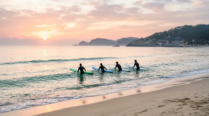 Surfers in wetsuits paddling into calm emerald water at sunrise with soft pink and orange glow