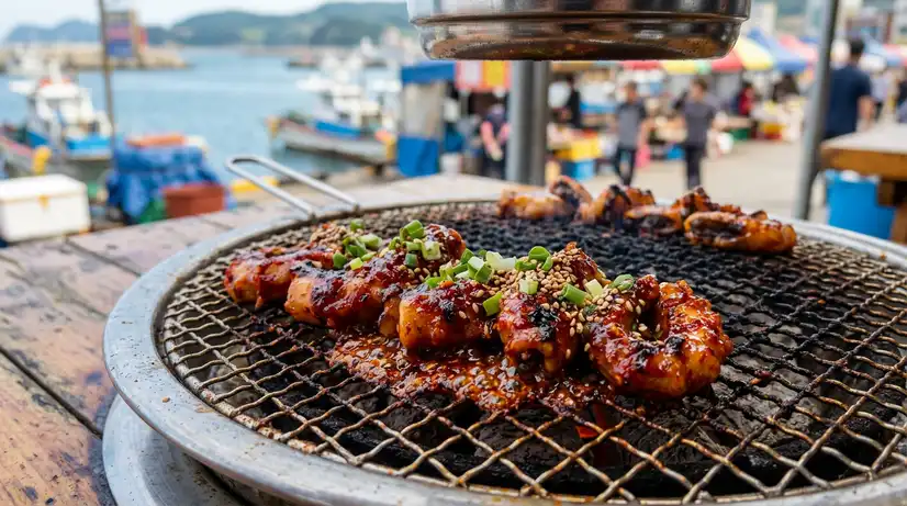 Macro shot of Korean grilled hagfish sizzling on grill with red glossy sauce, green onions, and harbor background 
