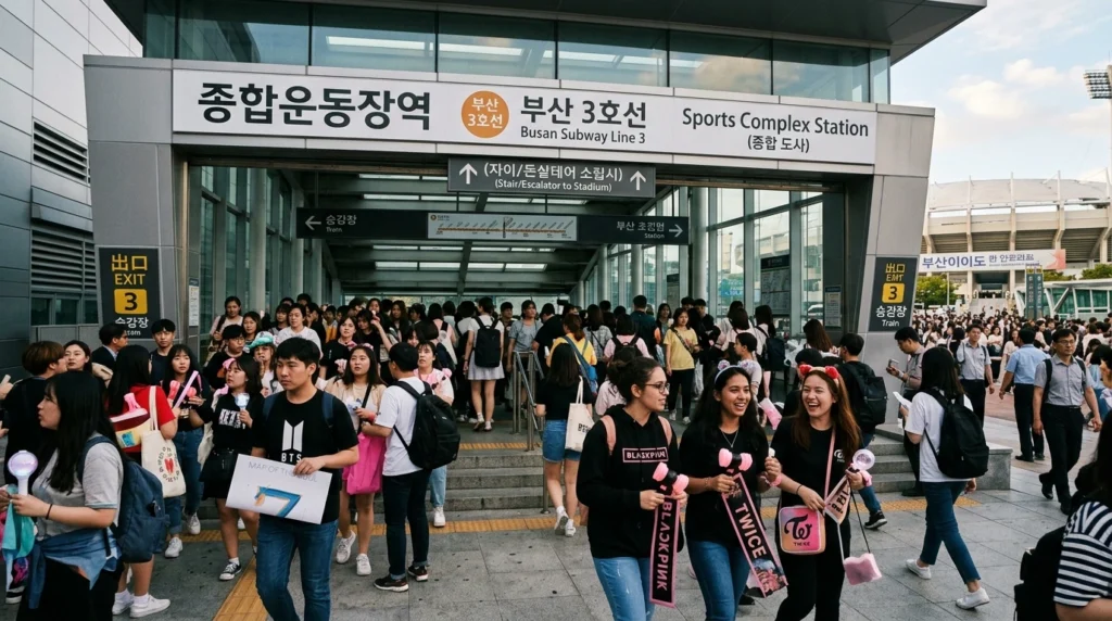 Crowded Busan Subway Line 3 Sports Complex station with fans heading to stadium


