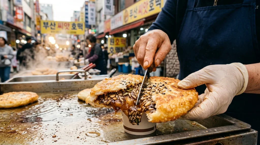 Golden crispy hotteok sliced open with brown sugar and mixed seed stuffing