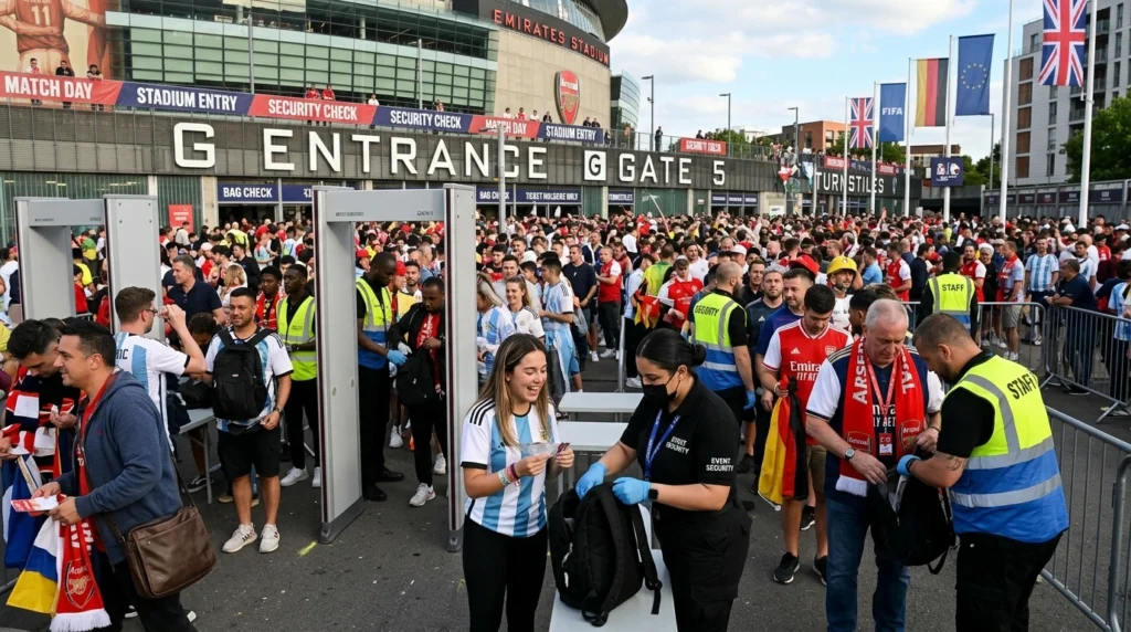 International fans going through security bag inspection at stadium entrance gates

