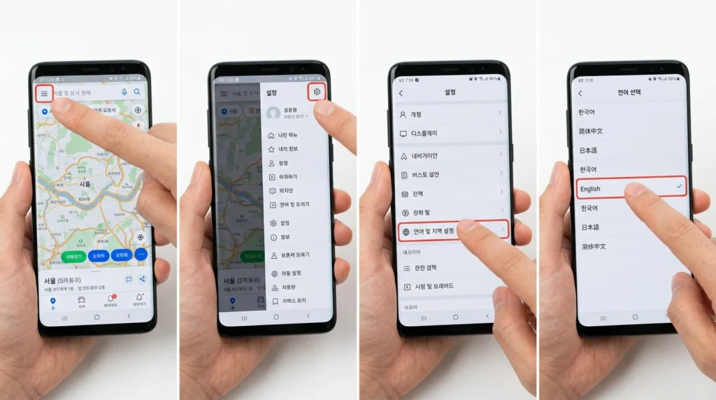 Naver Map language settings screen showing English selection option