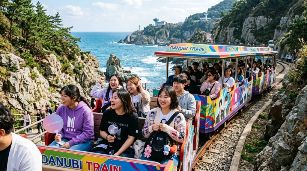 Colorful Danubi Train on coastal tracks with BTS fans enjoying scenic ocean views