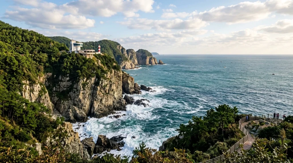 Dramatic majestic cliffs of Taejongdae Busan with towering rocky coastline where lush green forest meets deep blue sea, powerful waves crashing against jagged rocks below, observation deck or lighthouse visible on cliff edge with sweeping panoramic ocean view showing pristine natural beauty 
