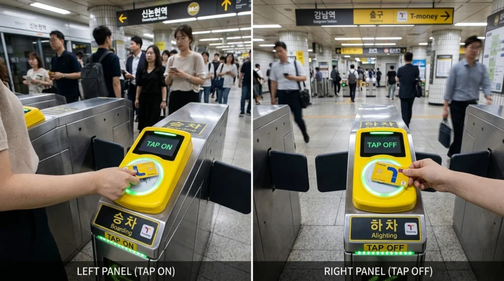Split comparison showing hand tapping card at subway entrance gate on left and tapping at exit gate on right demonstrating mandatory two-tap process