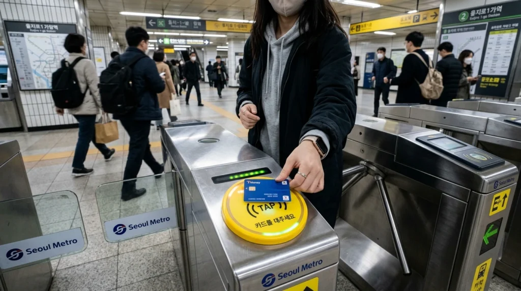 Person tapping blue T-Money card on yellow circular NFC reader pad at Seoul subway turnstile gate with commuters in background