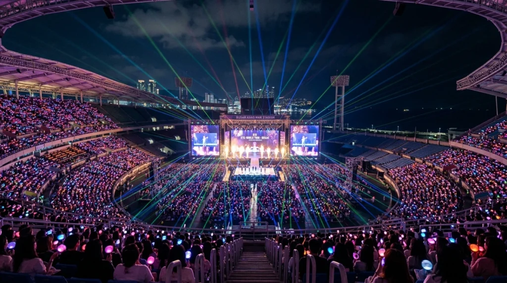 Breathtaking panoramic view from upper seats showing entire stage and light stick ocean

