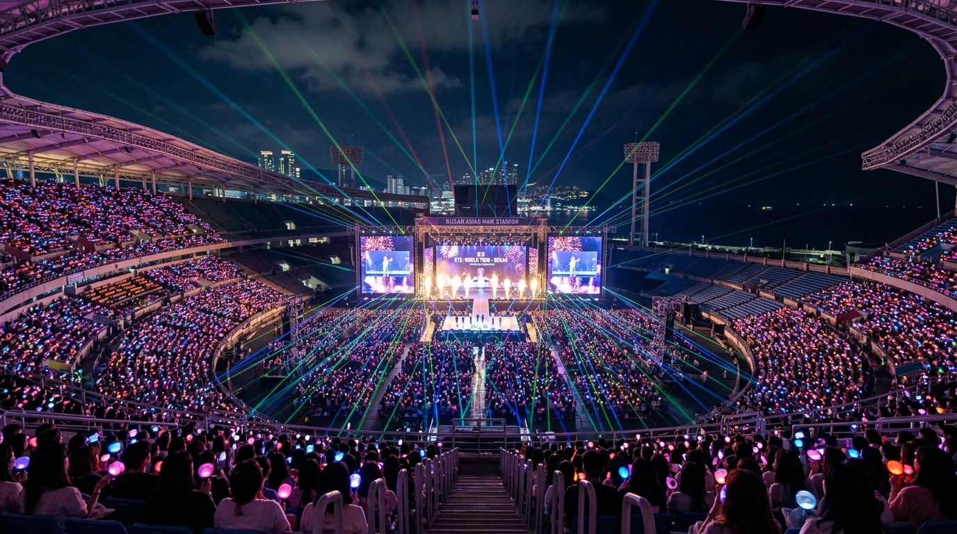 Breathtaking panoramic view from upper seats showing entire stage and light stick ocean