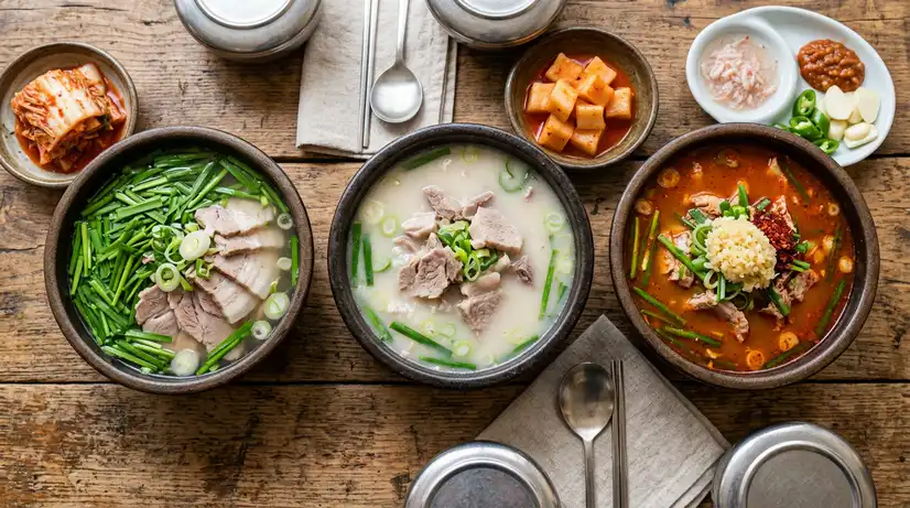 Top view of three pork gukbap styles showing clear broth, milky white broth, and spicy red broth with garlic