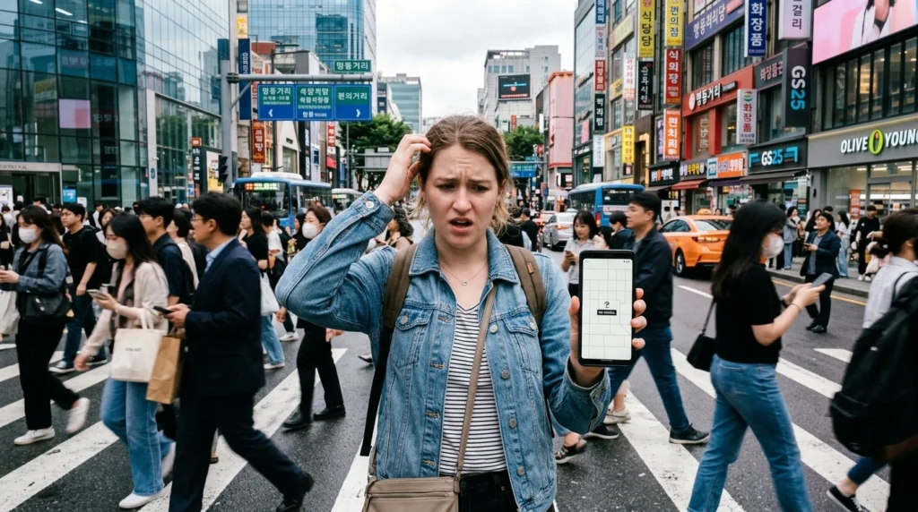 Confused tourist holding smartphone with blank map screen on busy Seoul street