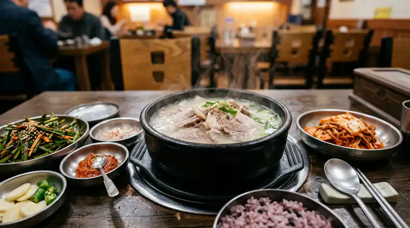 Steaming Korean pork soup in black earthenware bowl with tender pork slices and side dishes of chives, kimchi, shrimp