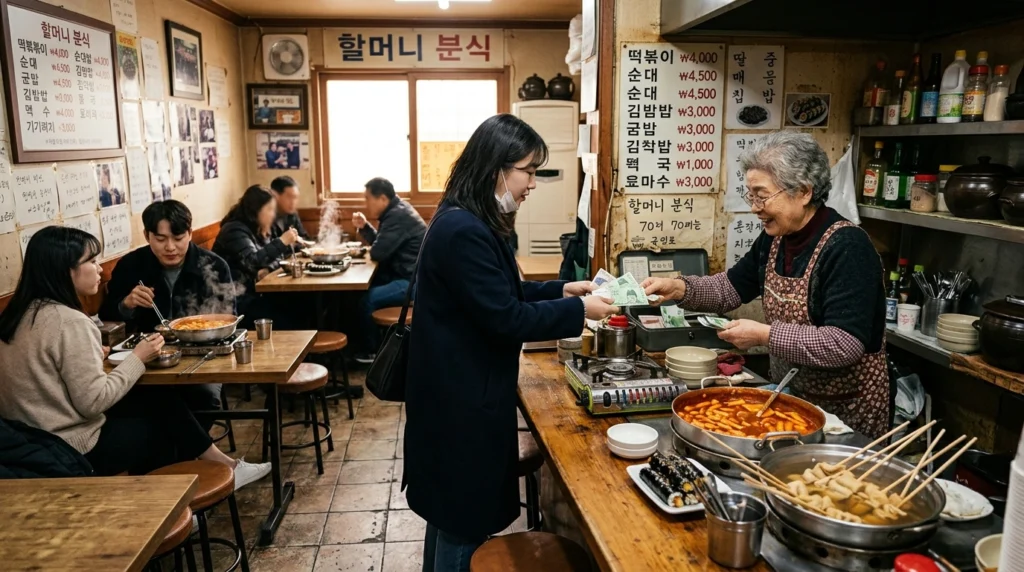 Customer paying cash at small family-run Korean bunsikjip restaurant