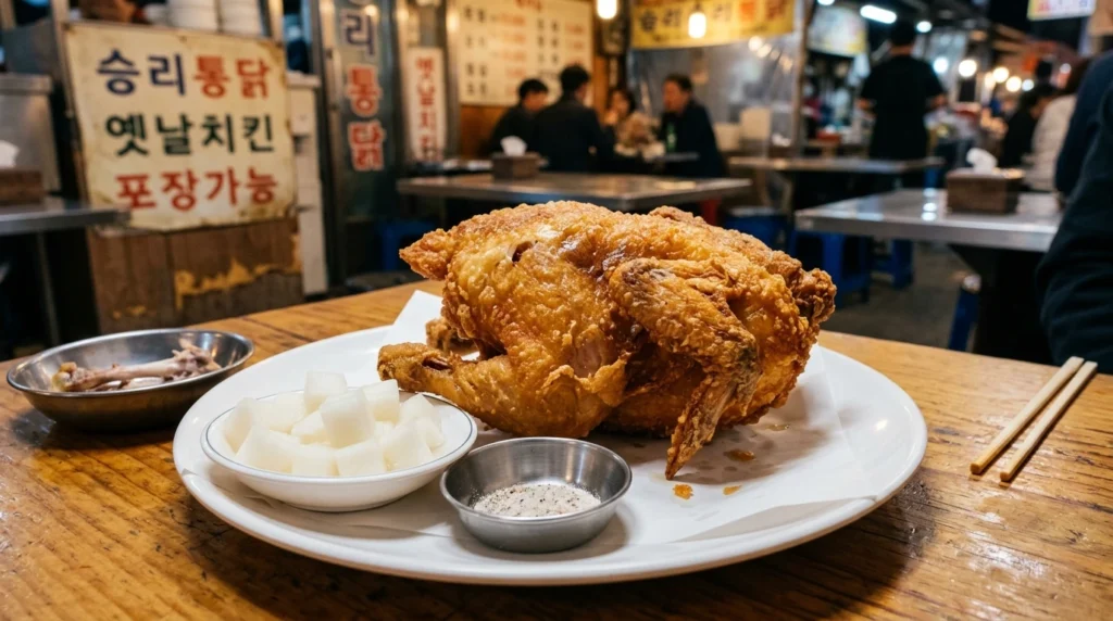 Traditional Korean market-style tongdak with thin golden crispy skin and pickled radish