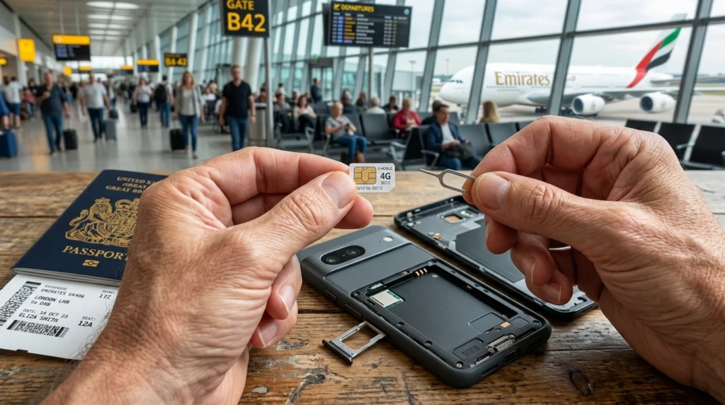 Close-up macro shot of hands holding tiny nano SIM card with ejector tool removing SIM tray from smartphone with passport in background