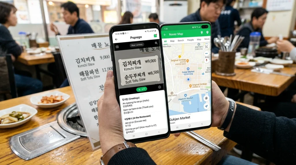 Smartphone showing Naver Map and Papago apps, image translation scanning menu, basic phrases with romanization displayed

