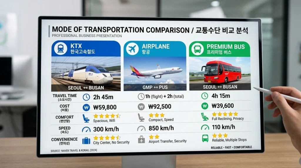 Infographic comparing KTX train, airplane, and premium bus with icons showing travel time, cost, and key features for Seoul-Busan route