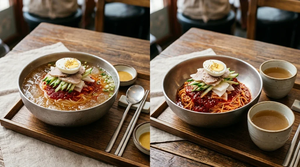 Infographic layout showcasing famous Busan Milmyeon restaurants with grid composition featuring multiple restaurant exteriors and signature bowls, Korean signage labels for authentic local spots including traditional noodle shops near Busan Station, Haeundae area, Seomyeon district and historic establishments creating vibrant culinary map atmosphere 