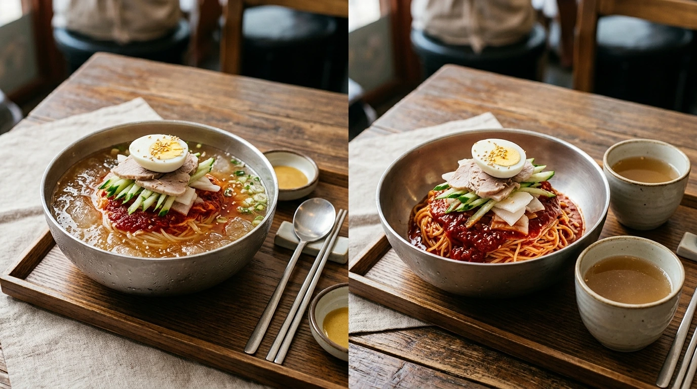 Infographic layout showcasing famous Busan Milmyeon restaurants with grid composition featuring multiple restaurant exteriors and signature bowls, Korean signage labels for authentic local spots including traditional noodle shops near Busan Station, Haeundae area, Seomyeon district and historic establishments creating vibrant culinary map atmosphere