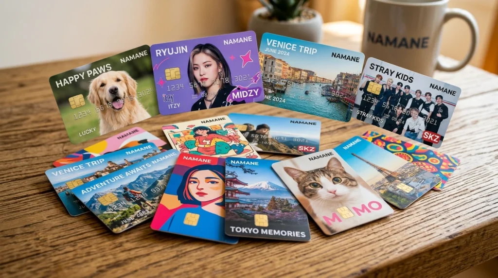Multiple colorful NAMANE cards fanned out showing custom designs including travel photos pet pictures and K-pop idol images printed on cards