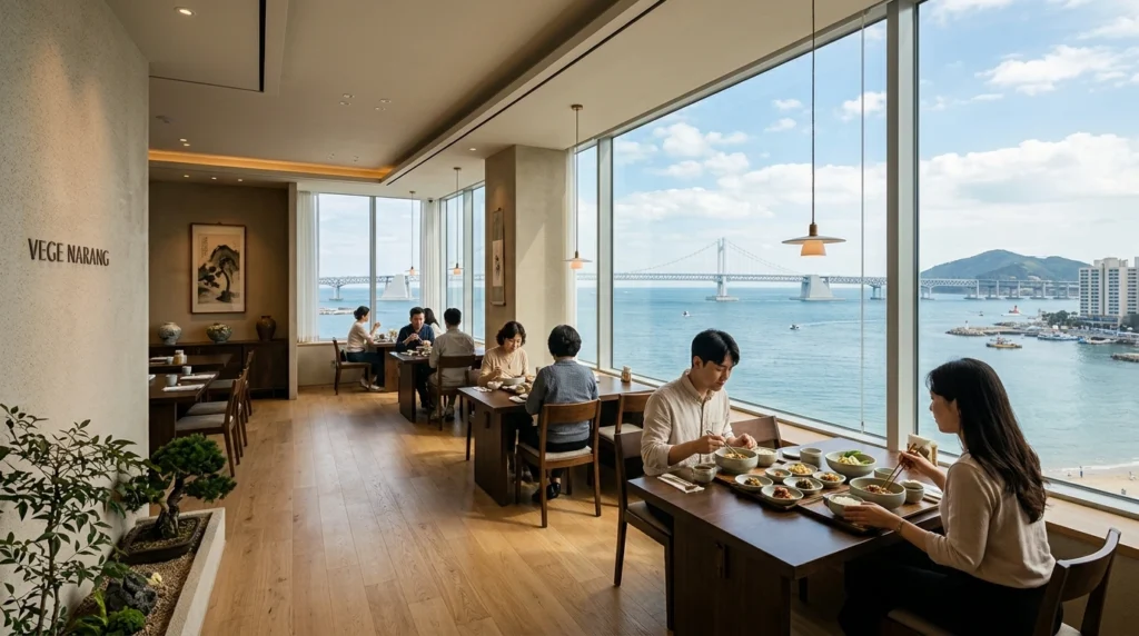 9th floor restaurant with floor-to-ceiling windows, Gwangan Bridge and ocean panoramic view