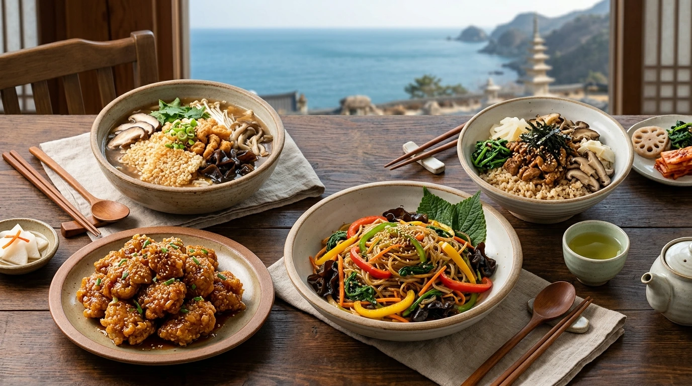 Mushroom Nurungji soup, Soy Fried Chicken, noodles and rice bowl in traditional Korean bowls