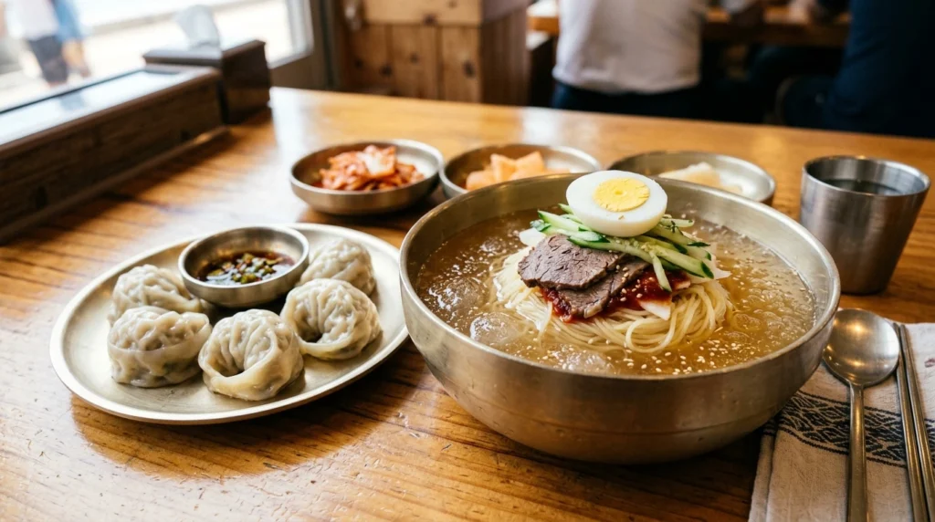Professional food photography hero shot of Haeundae Gaya Milmyeon signature combination featuring stunning bowl of Water Milmyeon with icy clear 72-hour broth glistening under light, topped with tender beef brisket slices, perfectly boiled egg and crisp cucumbers, alongside plate of delicate steamed Mandu dumplings with translucent galbi-style thin skin in traditional Korean metal bowls and plates as ultimate post-beach feast presentation 
