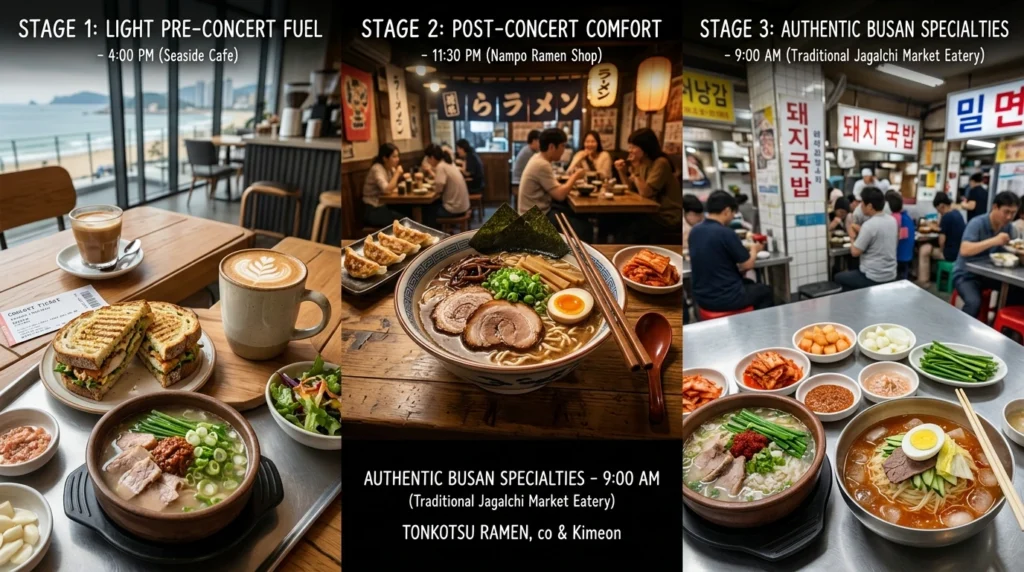 Pre-concert cafe sandwich, post-concert ramen bowl, Busan specialties Dwaeji Gukbap and Milmyeon cold noodles 
