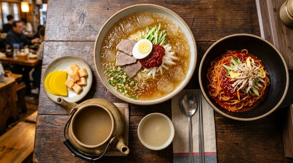 Complete meal spread: Mul-milmyeon with icy broth, Bibim-milmyeon with red sauce, warm bone broth kettle, pickled radishes

