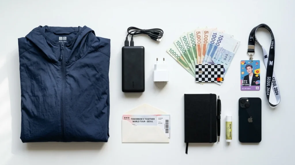 Flat lay of Type C plug adapter, portable battery, windbreaker jacket, Korean Won cash, T-Money card with lanyard 