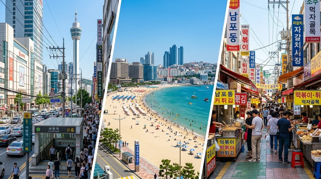Three Busan neighborhoods: modern Seomyeon shopping district, Haeundae Beach with luxury hotels, traditional Nampo market area 