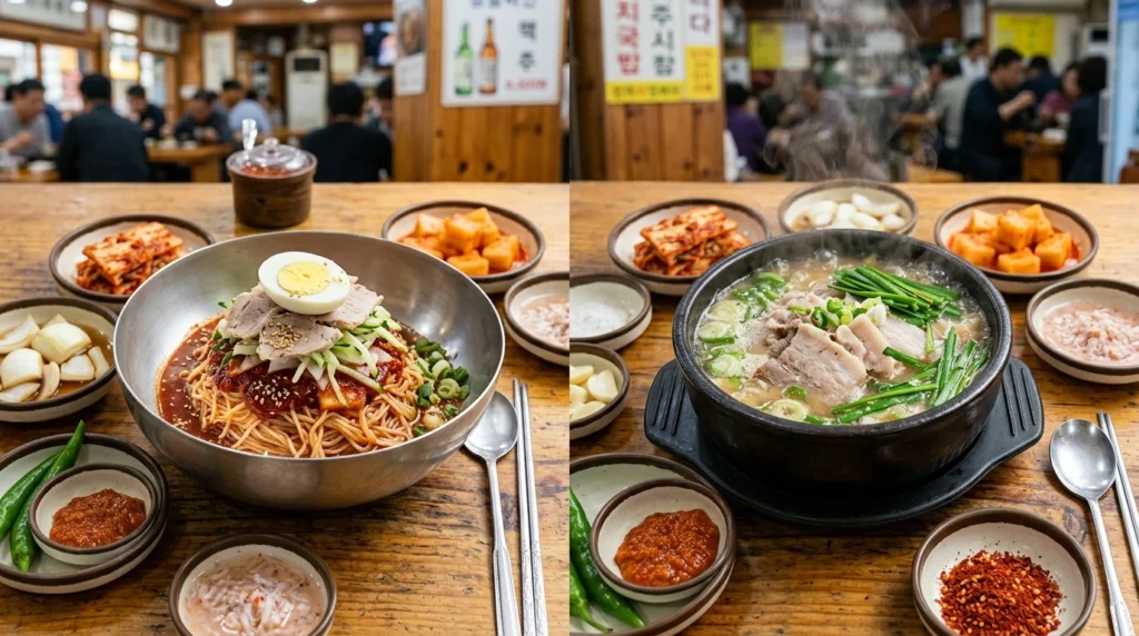 Professional food photography hero shot of Yeongdong Milmyeon ultimate Busan combination with vibrant sweet-and-sour bibim milmyeon in metal bowl on left and rich bubbling Dwaeji Gukbap pork rice soup in earthenware bowl on right, both dishes side by side on traditional Korean wooden table with banchan side dishes and steam rising as ultimate traveler feast 