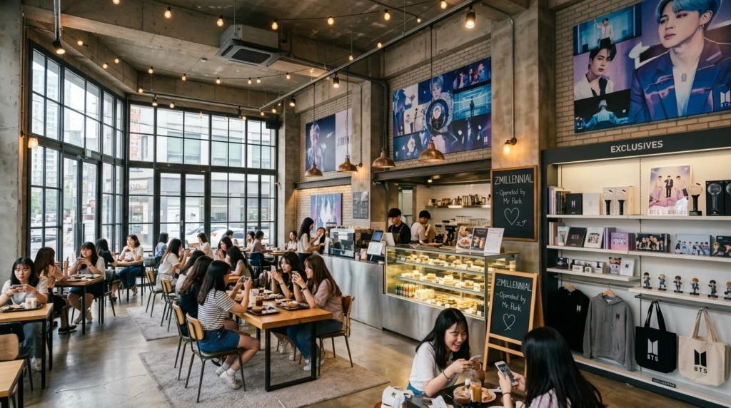 ZMILLENNIAL cafe spacious trendy interior operated by Jimin's father, art-filled design, BTS merchandise, beautifully crafted pastries and coffee 