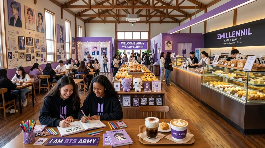 Spacious modern cafe with Jimin portraits and fan art, Simsool-i merchandise, ARMY fans writing guestbooks, Einspanner coffee 