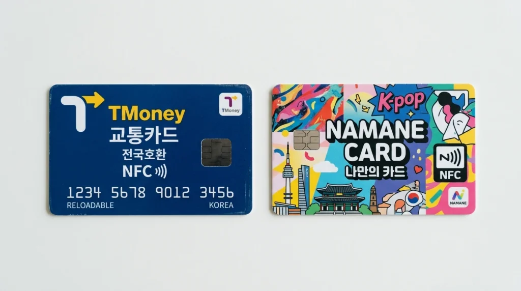Overhead shot of traditional blue T-Money card and colorful customizable NAMANE card side by side on white surface with NFC chip symbols visible