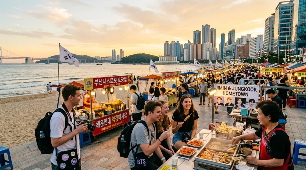 Busan coastal cityscape with vibrant food culture, traditional markets by high-rises, ARMY fans exploring eateries, Jimin and Jungkook hometown 