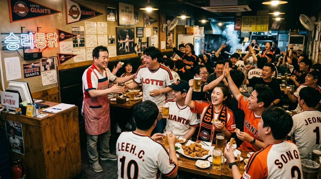 Enthusiastic Lotte Giants fans celebrating with owner inside Seungri Tongdak restaurant