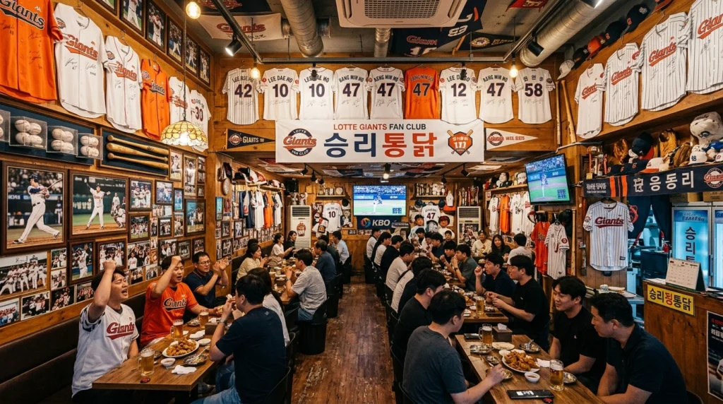 Seungri Tongdak restaurant walls covered with Lotte Giants jerseys and baseball memorabilia