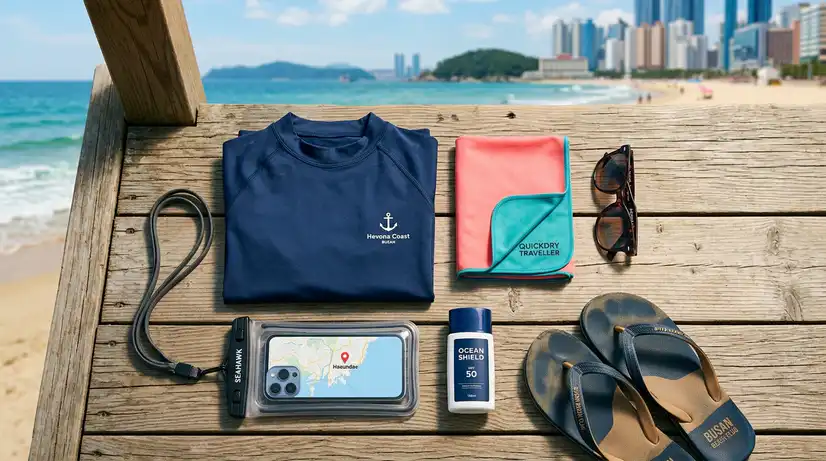 Aesthetic flat-lay on wooden deck with navy rash guard, waterproof phone case, sunscreen, towel, sunglasses, flip-flops