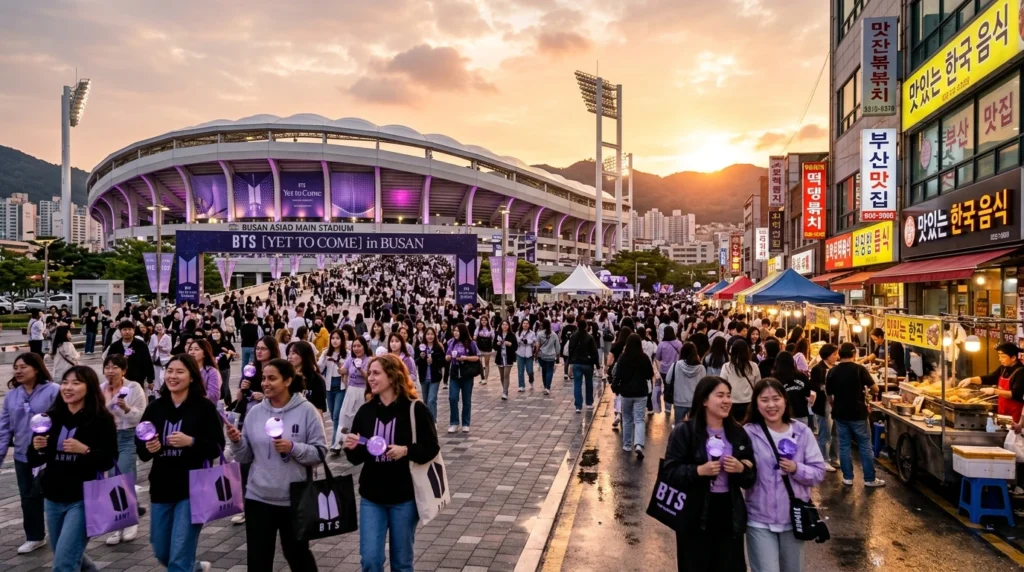 Busan Asiad Stadium at golden hour, ARMY fans with lightsticks, food vendors, international travelers, concert atmosphere 
