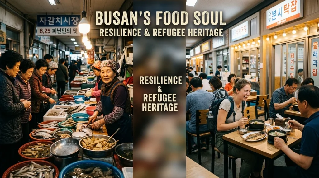 Split view of historical traditional market with fresh seafood and modern dining, refugees-era culinary heritage, authentic soul food 
