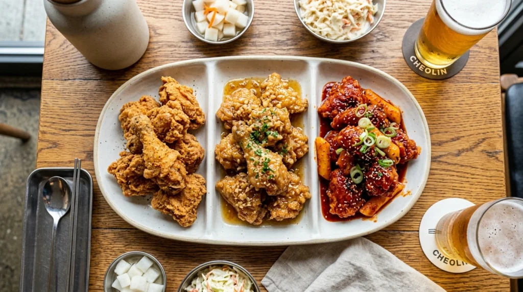 Three-flavor platter with original, golden garlic, and spicy maetteok chicken 