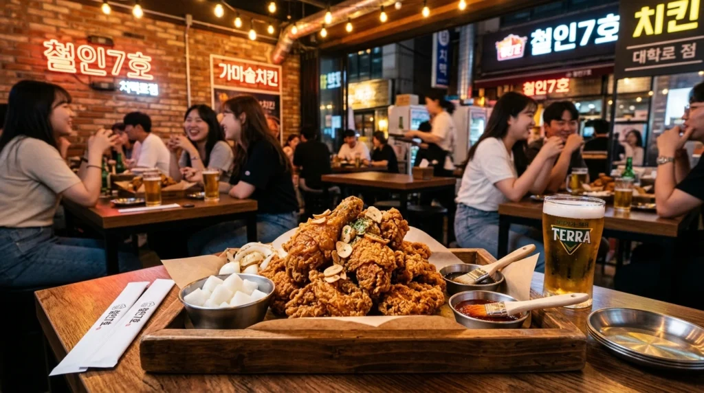 Hand-battered artisanal chicken with copper-tinted golden crust
