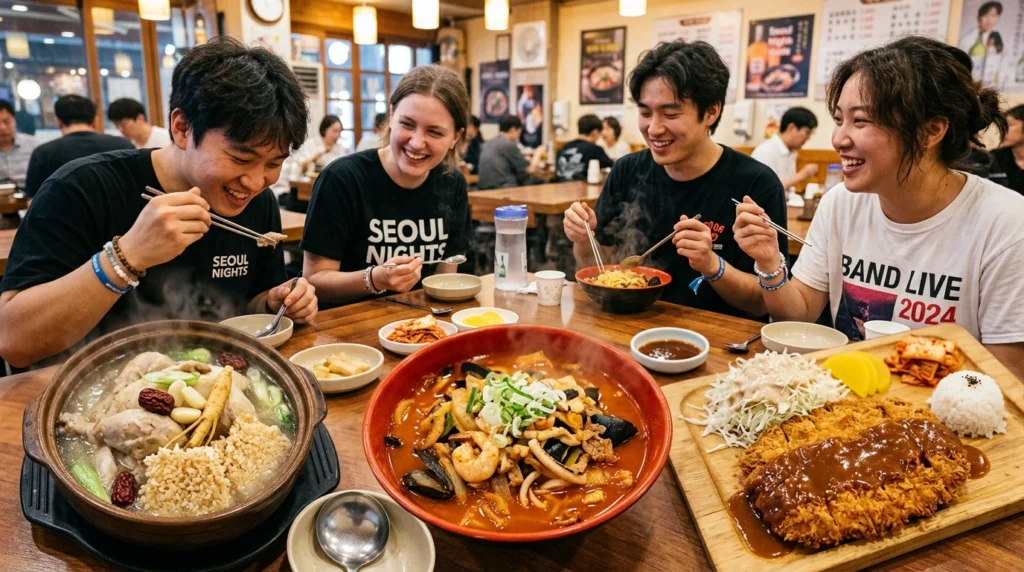 Post-concert recovery meals: Samgyetang ginseng chicken soup, spicy Jjamppong seafood noodles, crispy Tonkatsu pork cutlet 