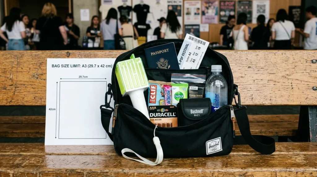 Small crossbody bag opened showing lightstick, spare AAA batteries, binoculars, water bottle, snacks, wet wipes, passport 