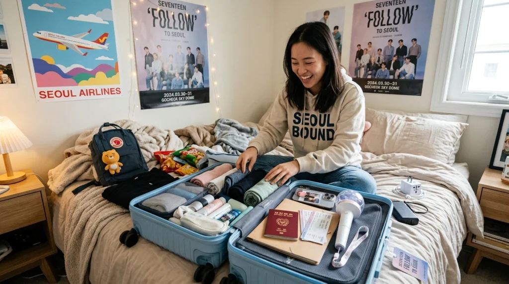 Open suitcase with passport, concert tickets, phone, lightstick, adapter plugs, power bank, Korean venue posters visible 