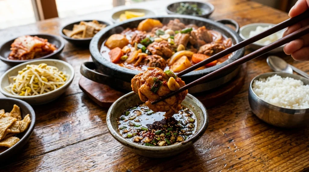 Chopsticks dipping tender chicken from Dakjiritang into soy-based dipping sauce